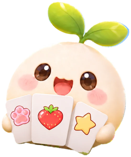 Mochi, ein lächelnder Sprössling, hält drei Karten gefächert